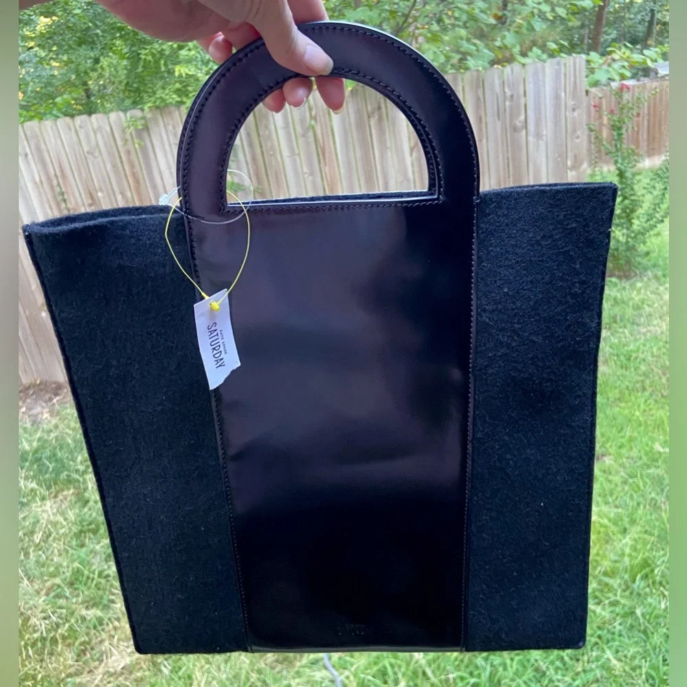 RARE Kate Spade Vintage Black Leather Felt Wool Saturday Tote & Cut Out Handles.